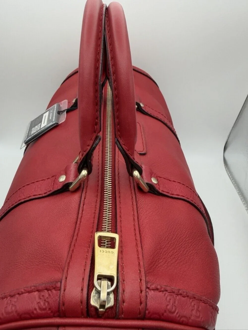 ❤️ Authentic Gucci Red Joy Boston Bag Guccissima Vertical Leather Trim GG Strap